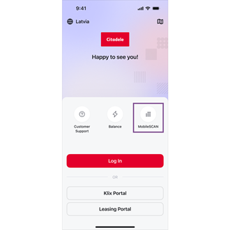 screenshot of the welcome screen in Citadele mobile app highlighting the MobileSCAN button