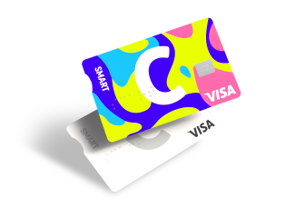 C smart kartes viena virs otras ar C un VISA logotipu un dažādiem dizainiem.