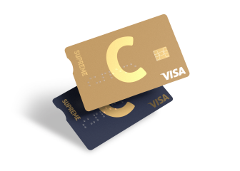 C supreme kartes viena virs otras ar C un VISA logotipu un dažādiem dizainiem.