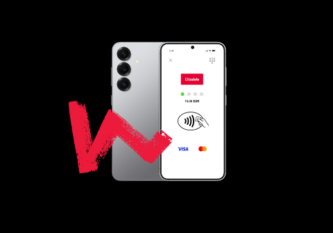 Samsung viedtālrunis uz melna fona ar ekrānā redzamu Citadele Phone POS karšu maksājumu pieņemšanas lietotni.