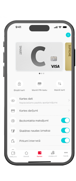 Экран смартфона с интерфейсом приложения Citadele, котором изображена карта C smart.