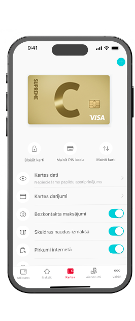 A smartphone screen with the Citadele app interface, showing the C supreme.