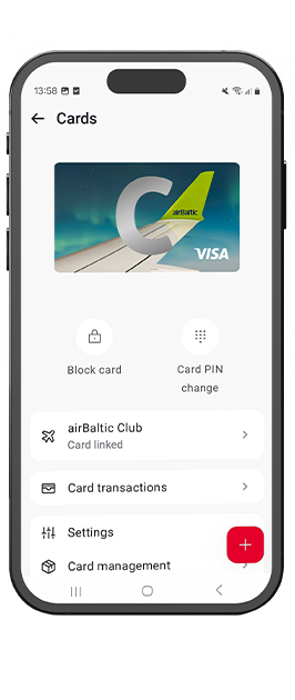 Smartphone screen with the Citadele mobile app open, displaying the Cards section with the visual of the C airBaltic card and available card management functions.