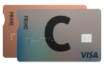 Расположенные одна над другой карты C prime с логотипами C и VISA и разными дизайнами.