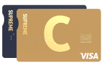 Карты C Supreme, сложенные одна на другую, с логотипами C и VISA и разными дизайнами.