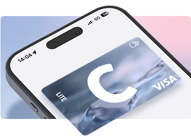 Smartphone with the Citadele mobile app open, displaying the C lite virtual card, with the text 