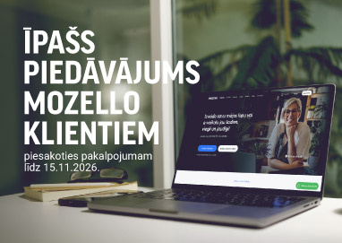 Īpašs piedāvājums Mozello klientiem – klēpjdatorā atvērta Mozello mājaslapa.