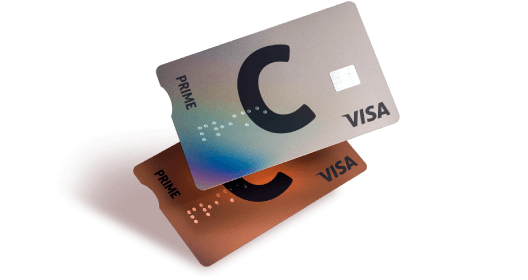 Расположенные одна над другой карты C prime с логотипами C и VISA и разными дизайнами.