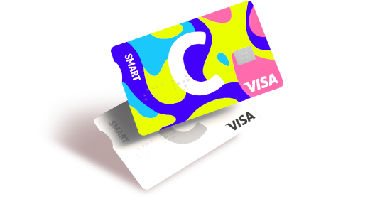 Расположенные одна над другой карты C smart с логотипами C и VISA и разными дизайнами.