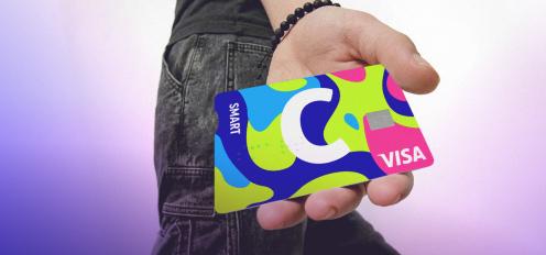 Colorful C smart card with the word 'SMART' and the 'VISA' logo.