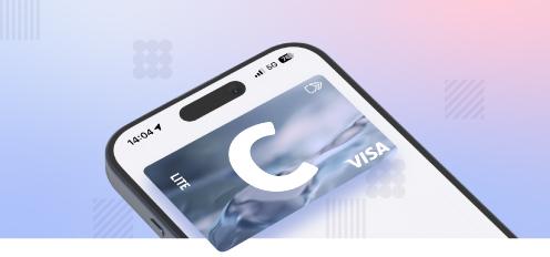 Smartphone with the Citadele mobile app open, displaying the C lite virtual card