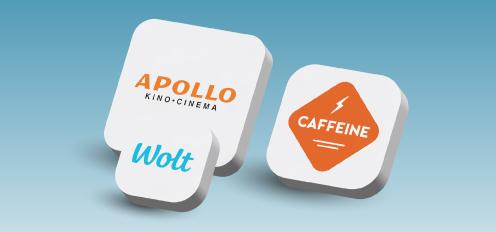 На голубом фоне три белые иконки: APOLLO, Wolt и CAFFEINE.