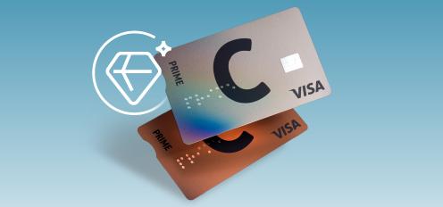 C prime kartes viena virs otras ar C un VISA logotipu un dažādiem dizainiem.