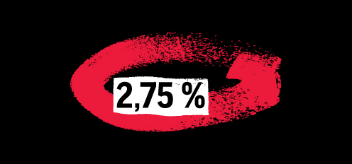 Red brush stroke with text 2.75%.