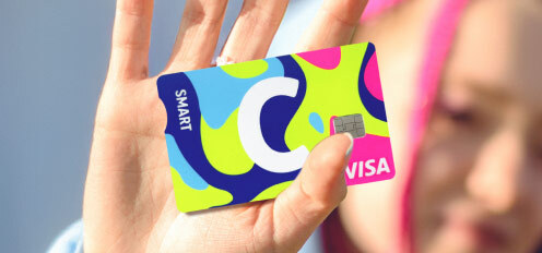 Citadele C smart NEON card with the word SMART, a large white letter C, and VISA logo. The card features a vibrant design in blue, green, yellow, and pink tones.