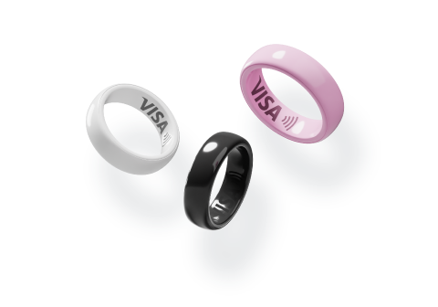 Payment rings in pink, white and black with the VISA logo.