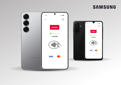 Два смартфона Samsung с экранами, на которых отображено мобильное платежное приложение Citadele Phone POS.