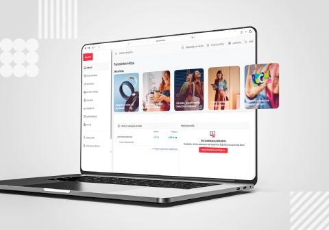 A laptop on a light background displaying Citadele Online Bank with its new design. The screen shows a navigation menu, account information, and product offers presented as banners.