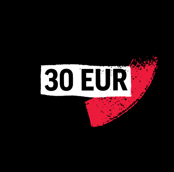 Akcijas uzraksts 30 EUR uz melna fona ar sarkanu otas triepienu.