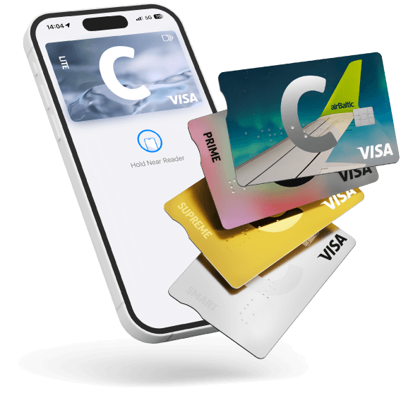 Smartphone screen showing the C lite card, with C smart, C supreme, C prime and C airBaltic cards displayed next to it one above the other
