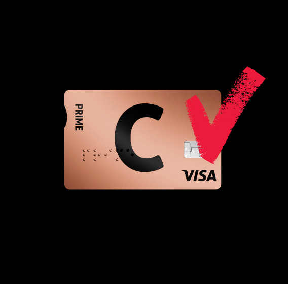 Citadeles C prime karte ar C un VISA logotipu.