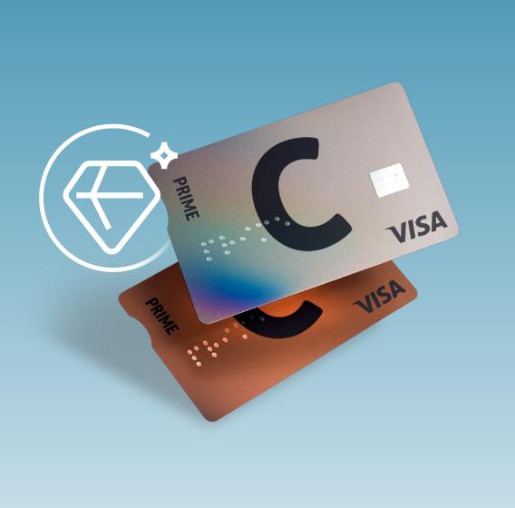 C prime kartes viena virs otras ar C un VISA logotipu un dažādiem dizainiem.