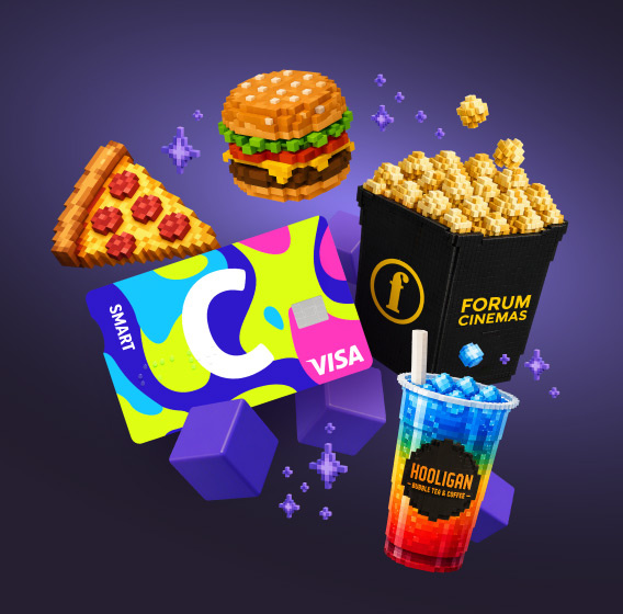 Карта Citadele C smart с логотипом VISA и призами: пицца, бургер, попкорн Forum Cinemas, напиток Hooligaan
