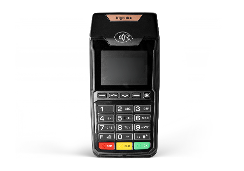Black POS terminal with a keypad and contactless payment symbol.