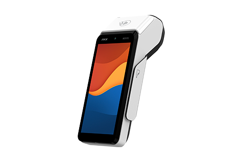 PAX mobile payment terminal in a white casing with a colorful screen.