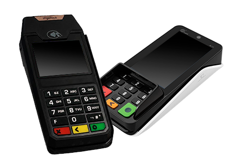 Two payment terminals – a black terminal with a keypad and a black touchscreen terminal with a keypad.