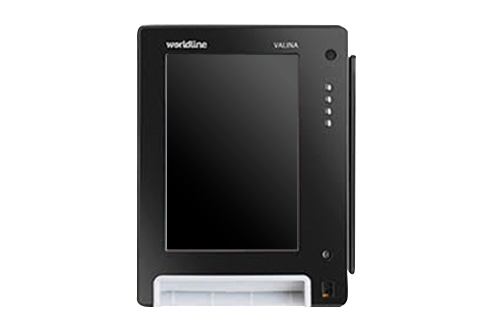 Black Worldline Valina payment terminal with a built-in printer.