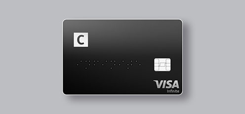 Melna Citadeles C Infinite karte ar C logotipu augšējā kreisajā stūrī, mikroshēmu un VISA logotipu apakšējā labajā stūrī.
