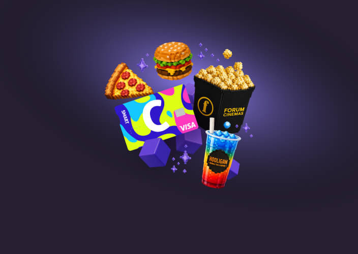 Citadeles C smart karte ar VISA logo un balvām – pica, burgers, Forum Cinemas popkorns, Hooligan dzēriens