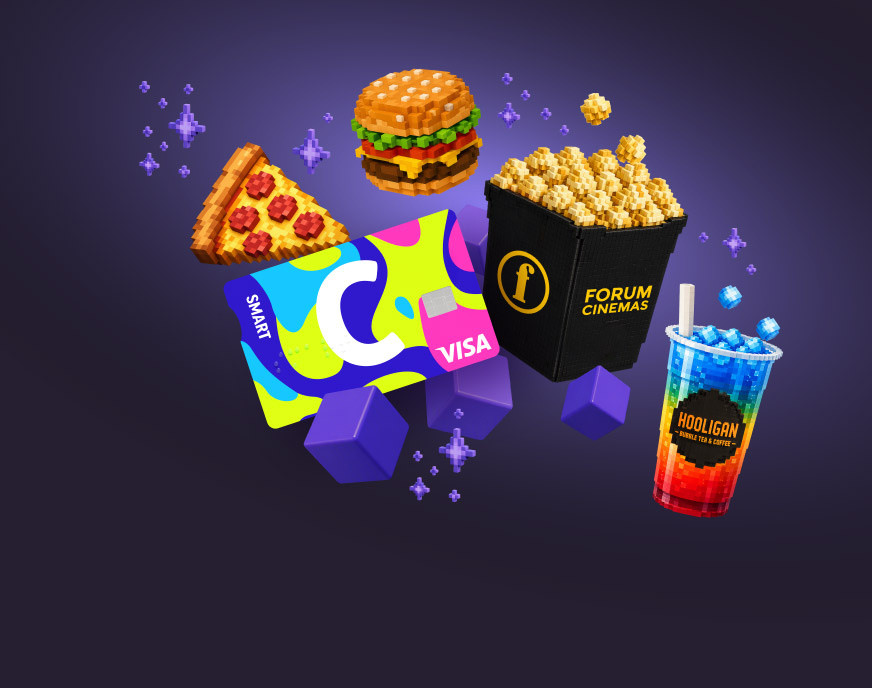 Citadele C smart card with VISA logo and prizes – pizza, burger, Forum Cinemas popcorn, Hooligan drink