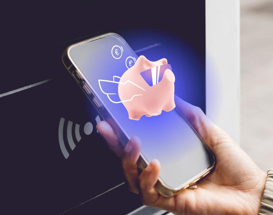 Smartphone displaying a digital piggy bank illustration on the screen.